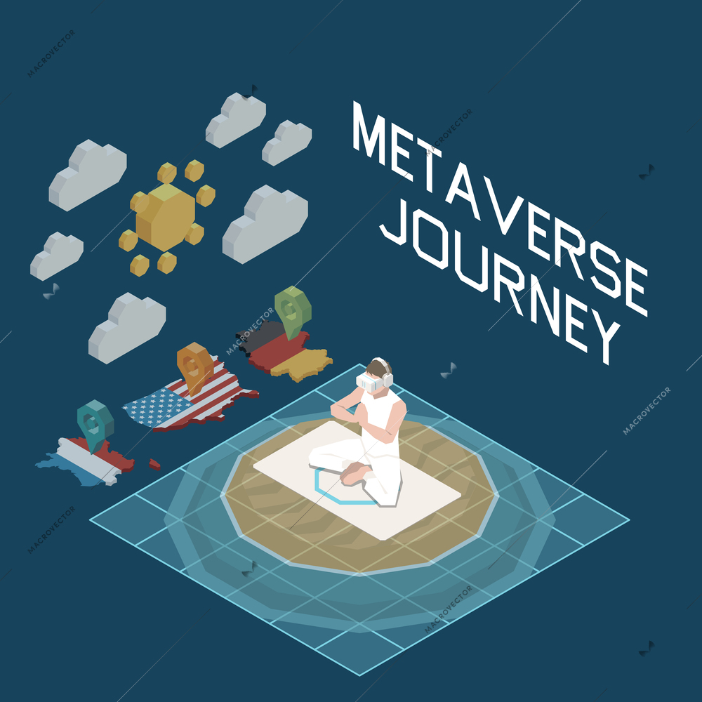 Metaverse journey isometric concept with person in augmented reality goggles in lotus position 3d vector illustration