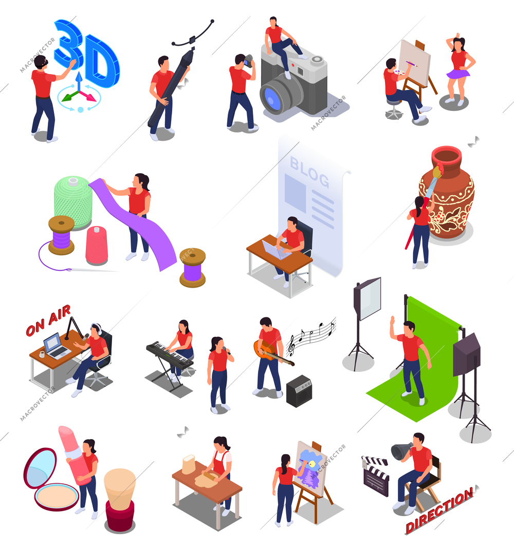Art and creative professions isometric icons set isolated vector illustration