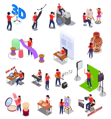 Art and creative professions isometric icons set isolated vector illustration