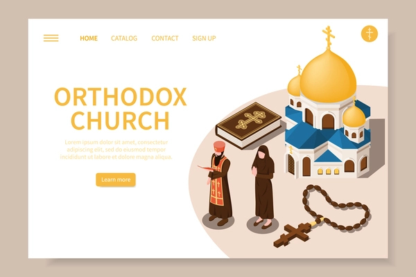 Orthodox christian web site with religion symbols isometric vector illustration