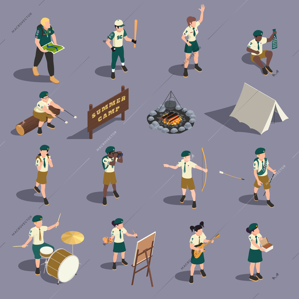 Scout summer camp isometric set with instructor and children doing various sport and leisure activities isolated on colour background 3d vector illustration