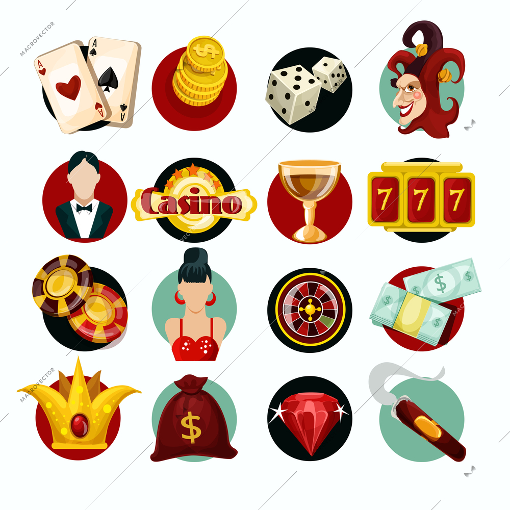 Casino icons set with roulette cigar jocker slot machine isolated vector illustration