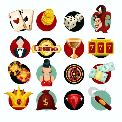 Casino icons set with roulette cigar jocker slot machine isolated vector illustration