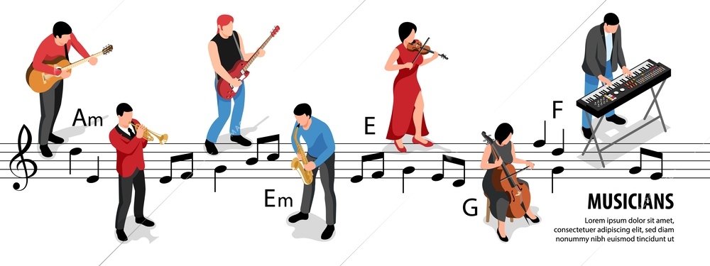 Isometric musicians infographics with people playing instruments with notes on background vector illustration