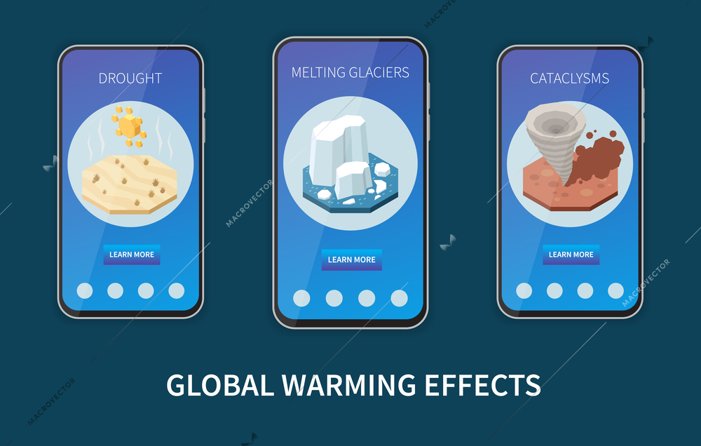 Global warming effects represented on smartphone screens isometric composition depicting drought melting glaciers cataclysms vector illustration