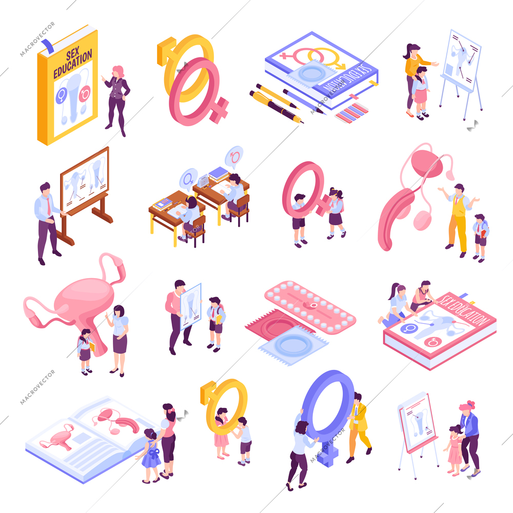 Isometric sex education icons set with gender enlightment symbols isolated vector illustration