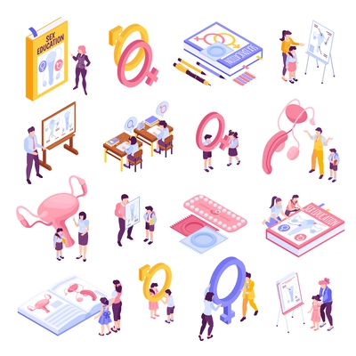 Isometric sex education icons set with gender enlightment symbols isolated vector illustration