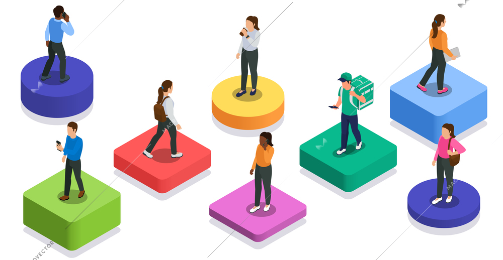 Walking young multiethnic people on colorful isometric geometric shapes going to school and work or delivering food isolated vector illustration