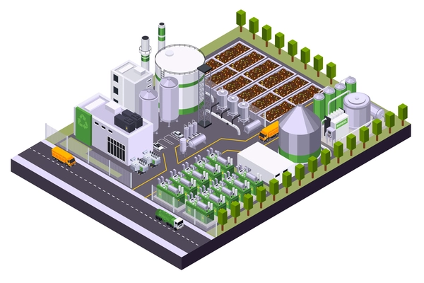 Bio fuel production isometric composition with view of green energy plant area with fields and road vector illustration