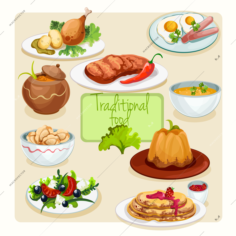 Traditional food dishes set with greek salad fried eggs chicken leg isolated vector illustration