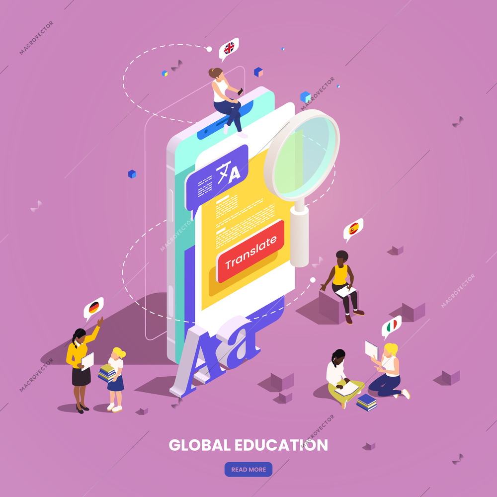 Global education student exchange isometric composition with image of smartphone human characters editable text and button vector illustration