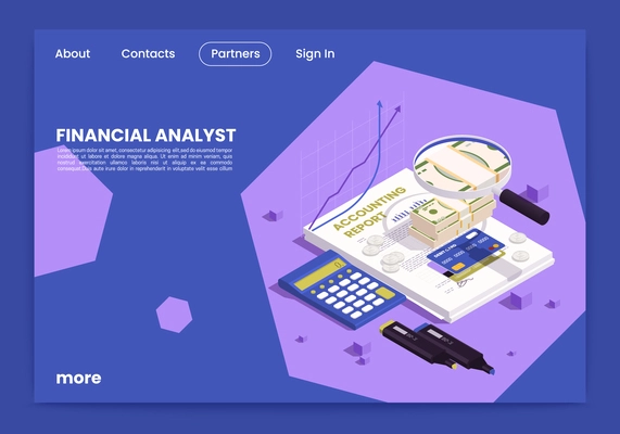 Financial professions isometric website landing page with images of paper contracts calculator cash and clickable links vector illustration