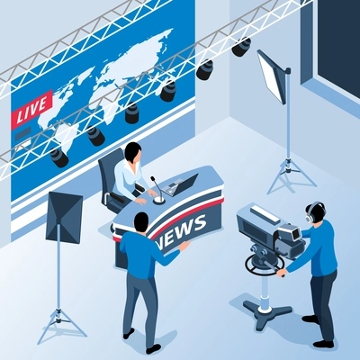 Tv news studio interior scene with anchorwoman and cameraman with camcorder 3d isometric vector illustration