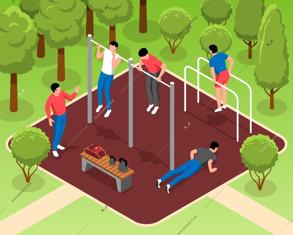 Men doing pull ups workout on sports ground in park 3d isometric vector illustration