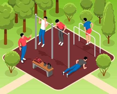 Men doing pull ups workout on sports ground in park 3d isometric vector illustration