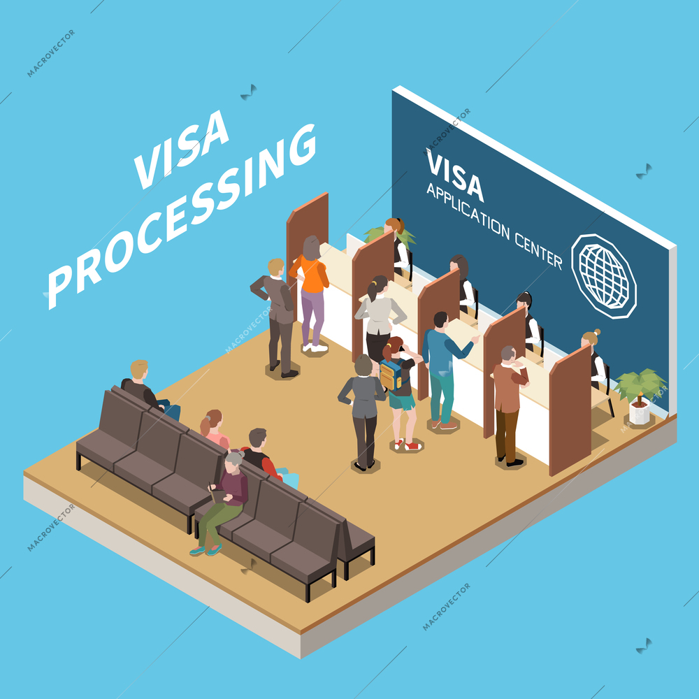 Visa processing isometric background with staff of visa application center serving visitors vector illustration