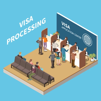 Visa processing isometric background with staff of visa application center serving visitors vector illustration
