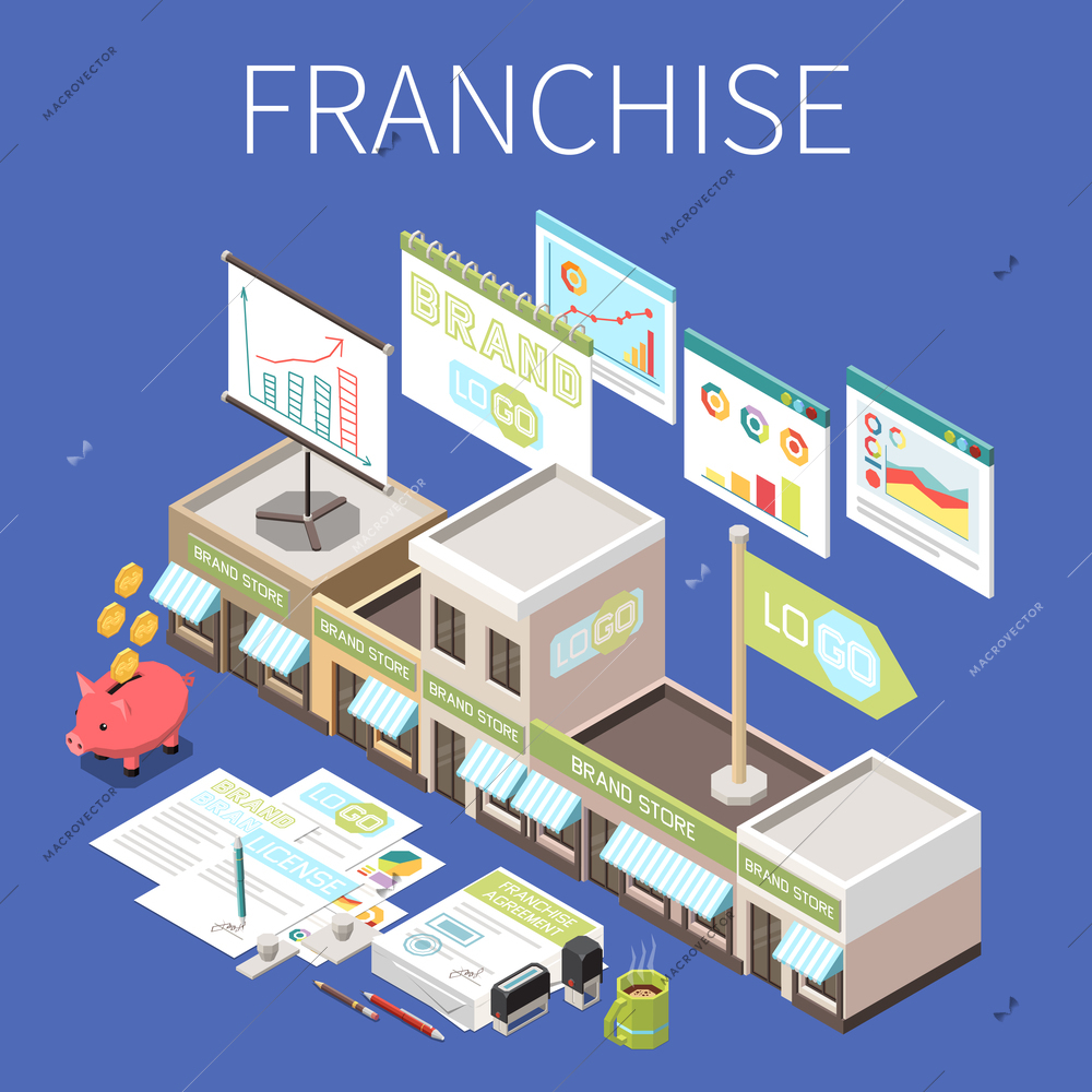 Business opened by franchise isometric background with profitable stores network under successful brand vector illustration