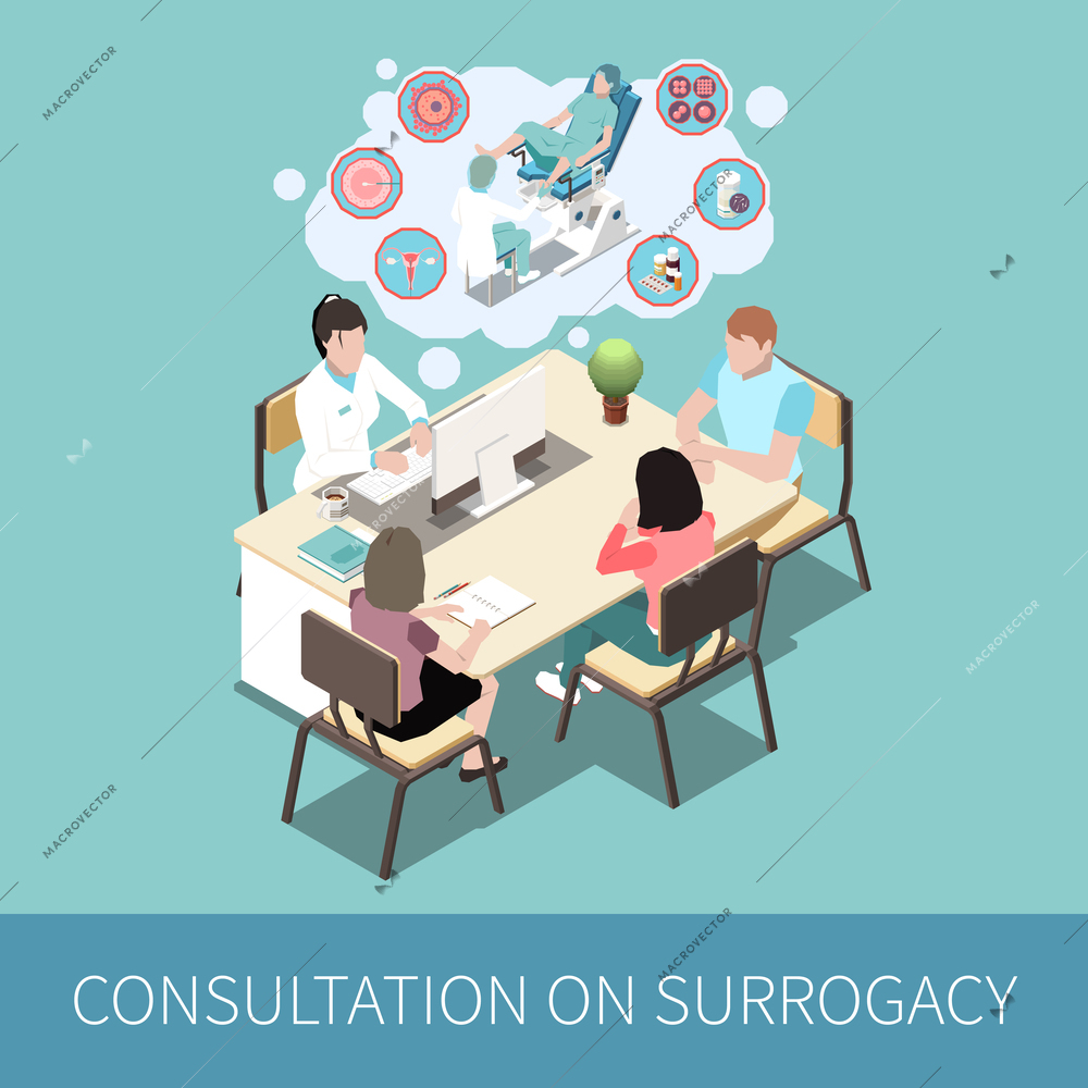 Consultation on surrogacy of married couple in doctors office in presence of surrogate mother isometric vector illustration