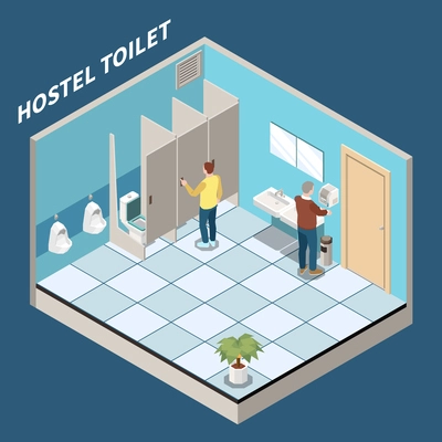 Hostel male toilet isometric background with three booths two urinals and two sinks vector illustration