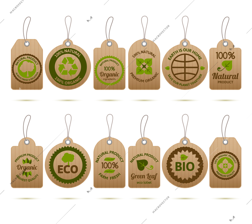 Ecology bio farm fresh products cardboard tags set isolated vector illustration