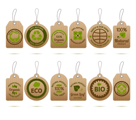 Ecology bio farm fresh products cardboard tags set isolated vector illustration