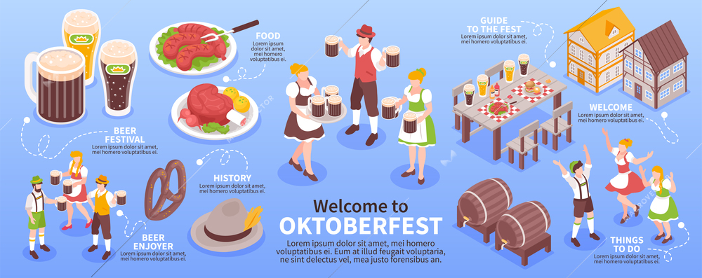 Isometric Oktoberfest infographics with traditional German beer and food vector illustration