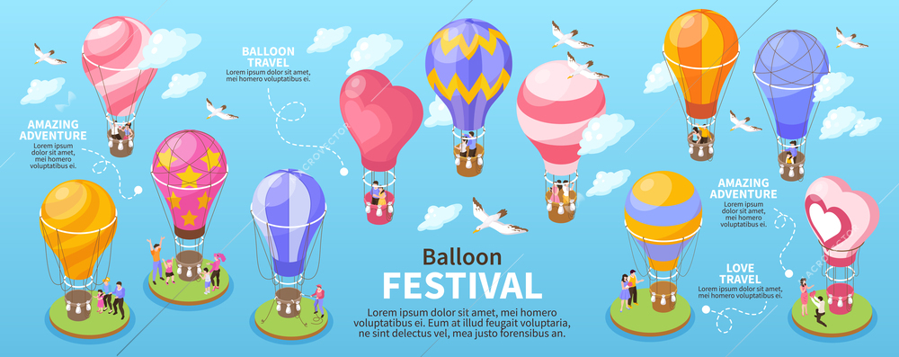 Isometric hot air balloon festival and travel infographics vector illustration