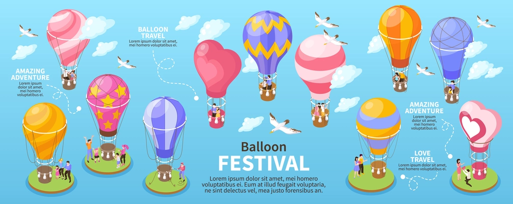 Isometric hot air balloon festival and travel infographics vector illustration