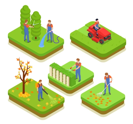Professional gardening isometric compositions including pruning of  trees and shrubs watering cleaning autumn foliage isolated vector illustration