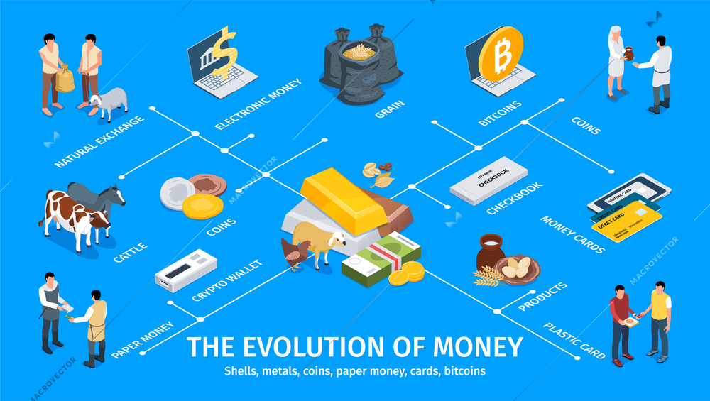 Evolution of money infographics with cattle grain paper money crypto wallet plastic cards bitcoins isometric elements vector illustration