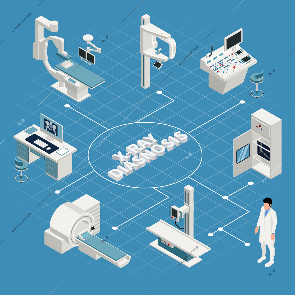 X-ray isometric flowchart with healthcare equipment and technology symbols vector illustration