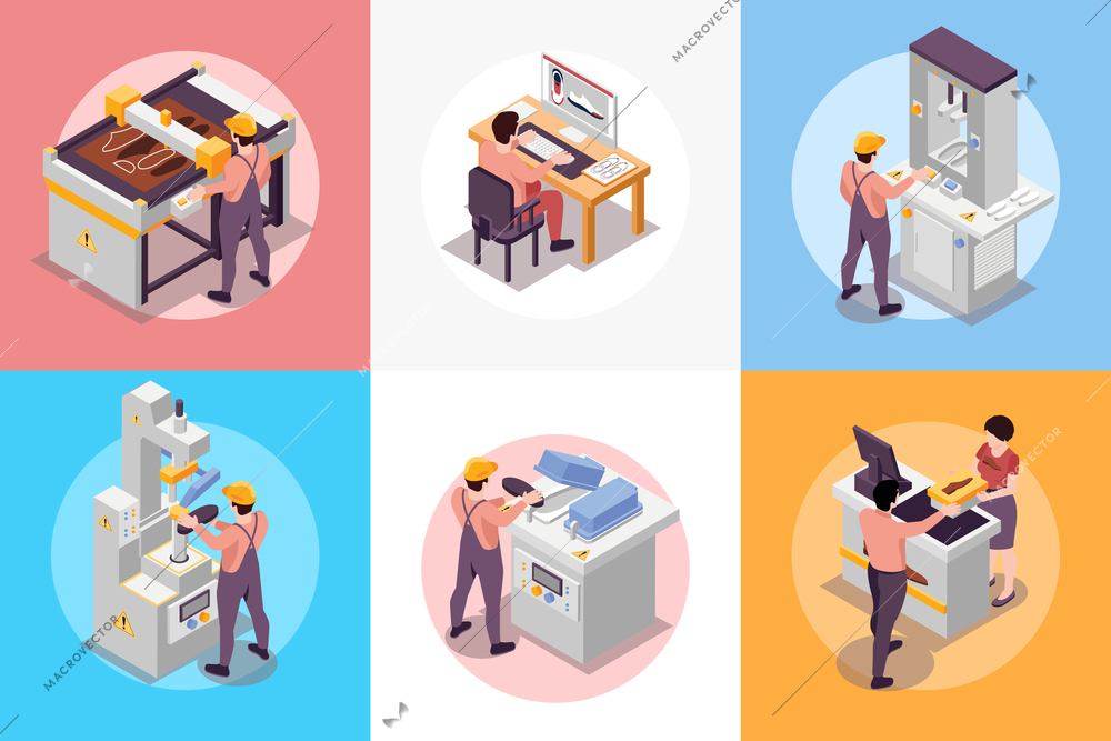 Shoes production square set with factory symbols isometric isolated vector illustration