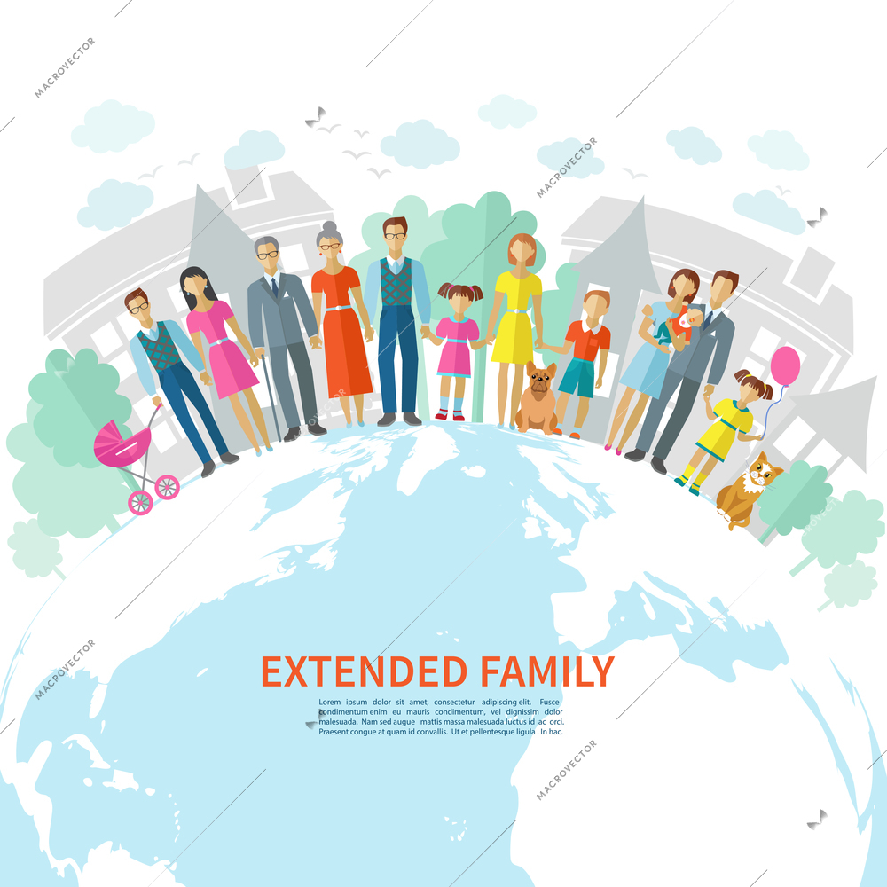 Extended family poster with flat men women children and pets on globe vector illustration