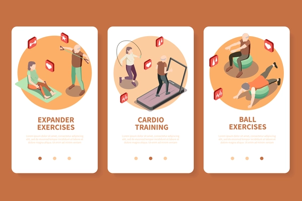 Old people fitness app design with cardio training symbols isometric isolated vector illustration