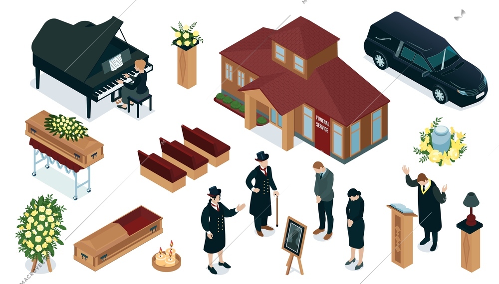 Isometric set with building hearse coffin guests and various elements for funeral service isolated 3d vector illustration