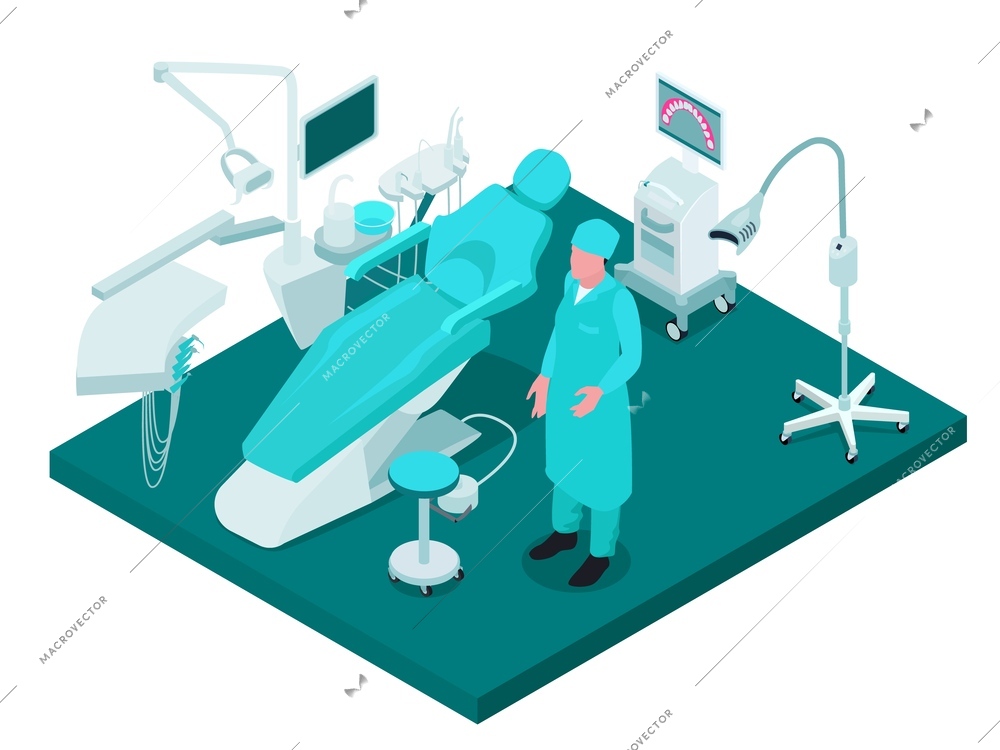 Isometric dental office with medical equipment and male character of dentist 3d vector illustration