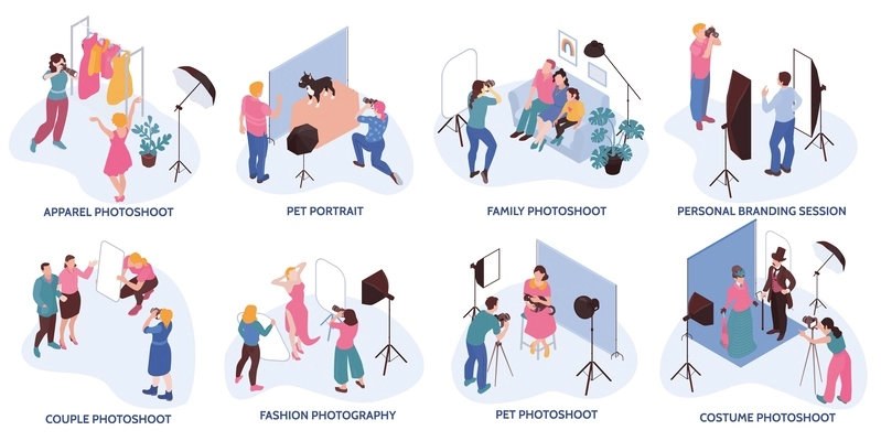 Photography session isometric compositions set with apparel costume pet family fashion personal branding couple photo shoots isolated vector illustration