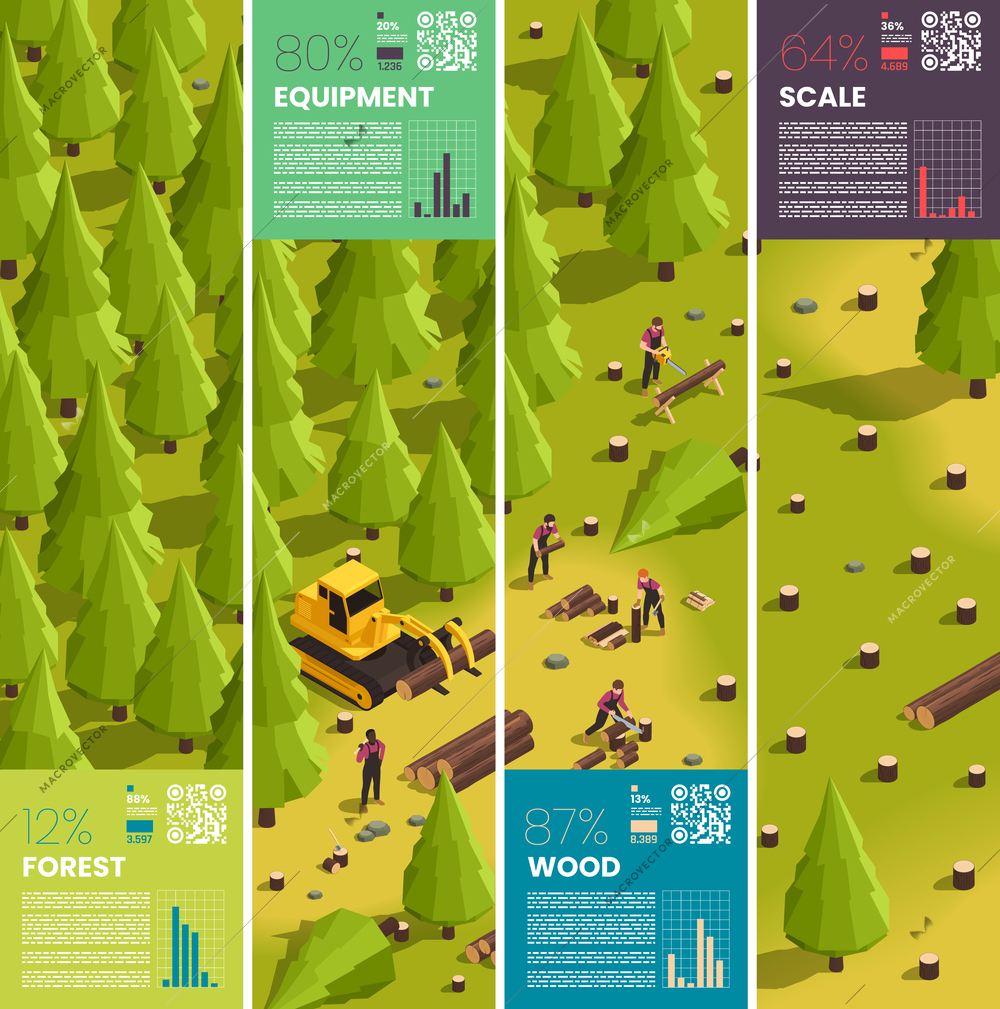Deforestation infographics isometric with wood cutting equipment and lumberjack workers vector illustration