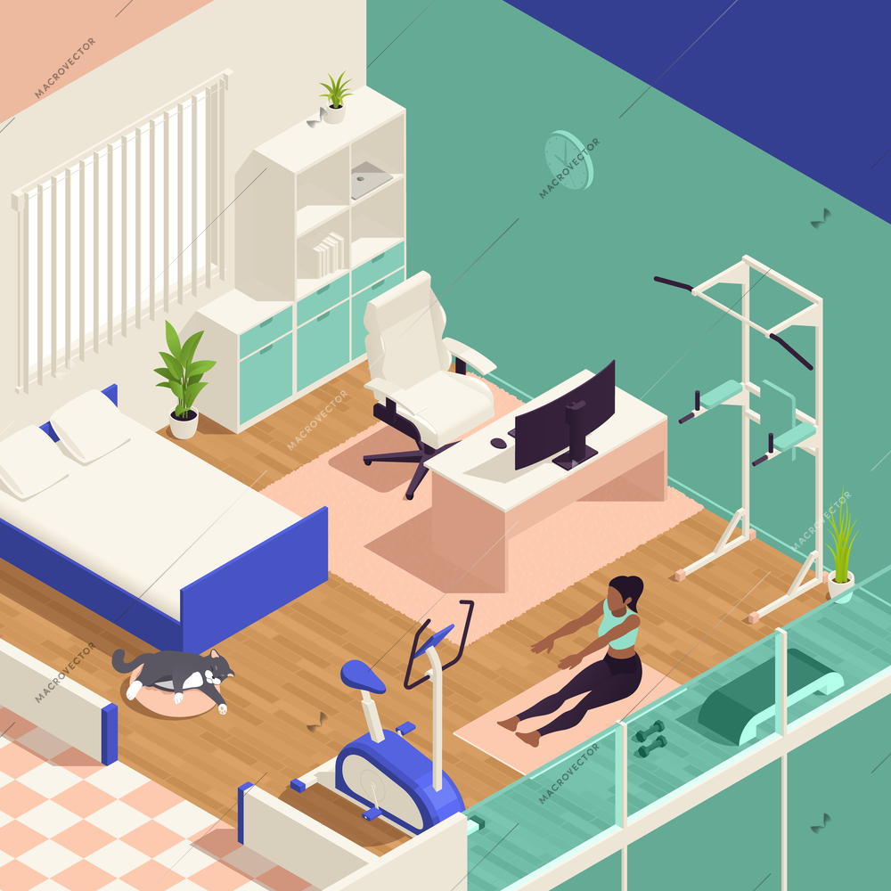 Home gym isometric with girl doing stretching in the room vector illustration