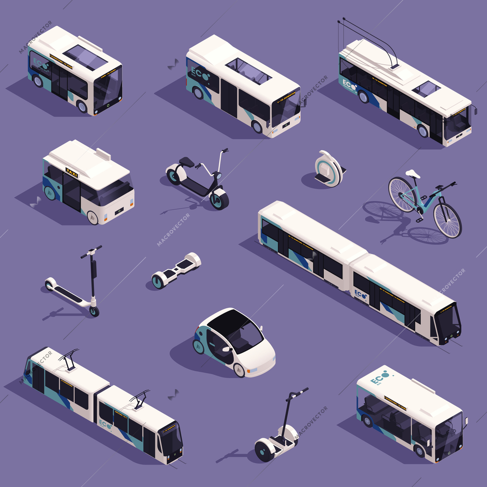 Electric eco sustainable public transport isometric icons set isolated vector illustration