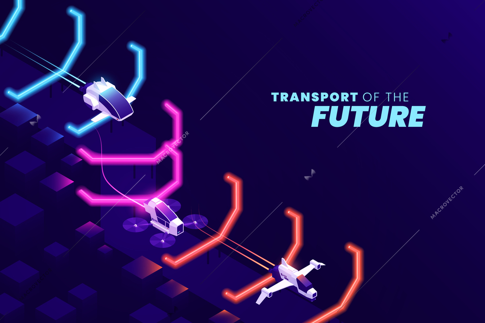 Future transport isometric concept with futuristic personal airplanes vector illustration