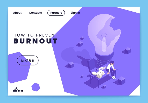 Burnout syndrome isometric concept with tired office worker and broken lamp vector illustration