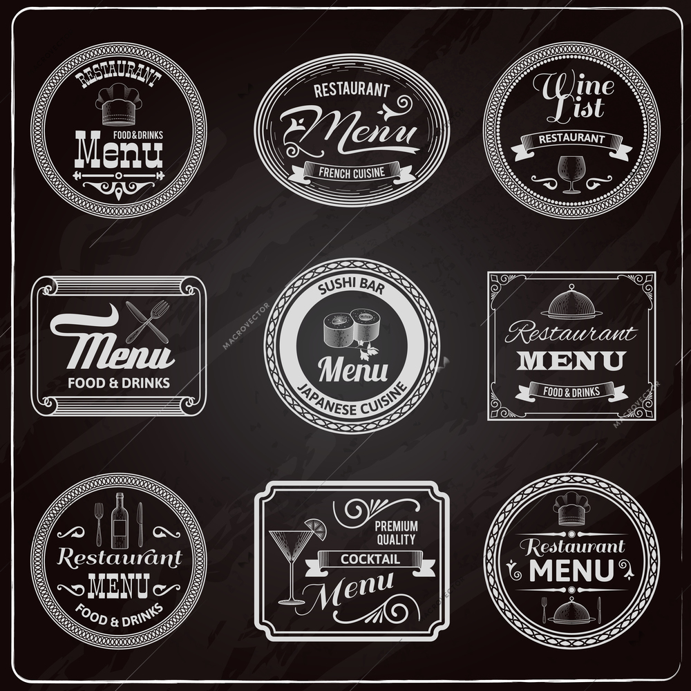 Retro menu french cuisine japanese restaurant labels chalkboard set isolated vector illustration