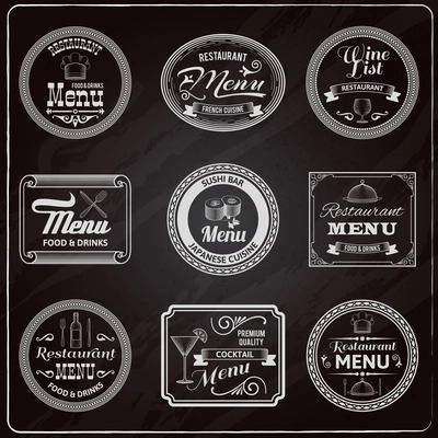 Retro menu french cuisine japanese restaurant labels chalkboard set isolated vector illustration