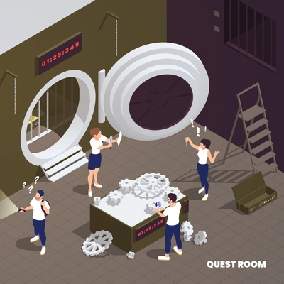 Escape room quest concept with people solving puzzles isometric vector illustration