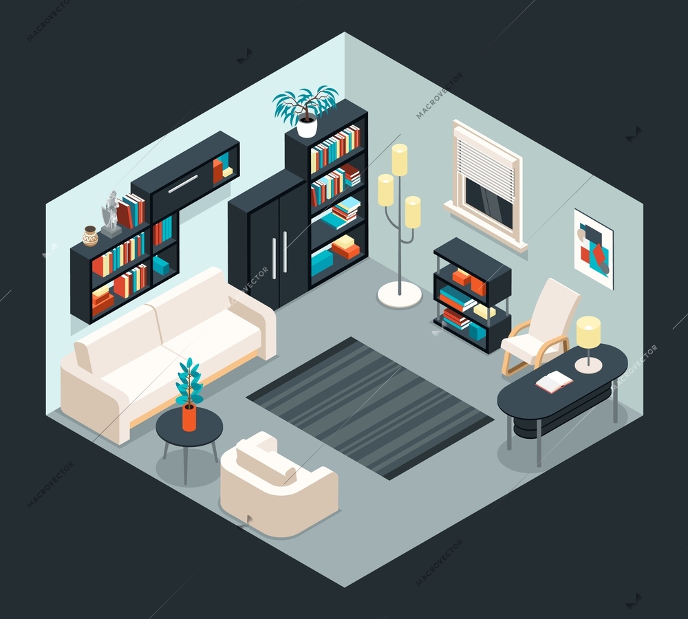 Isometric home furniture interior composition with living room scenery black book shelves carpet armchairs and sofa vector illustration