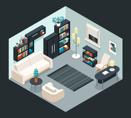 Isometric home furniture interior composition with living room scenery black book shelves carpet armchairs and sofa vector illustration