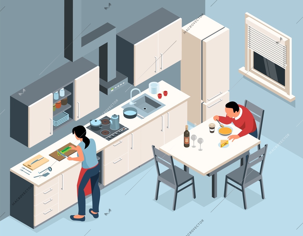 Isometric kitchen interior composition with people and modern kitchen scenery with cooking woman and eating man vector illustration