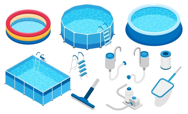 Isometric swimming pool equipment set with isolated icons of pumps cleanup tools round and square pools vector illustration